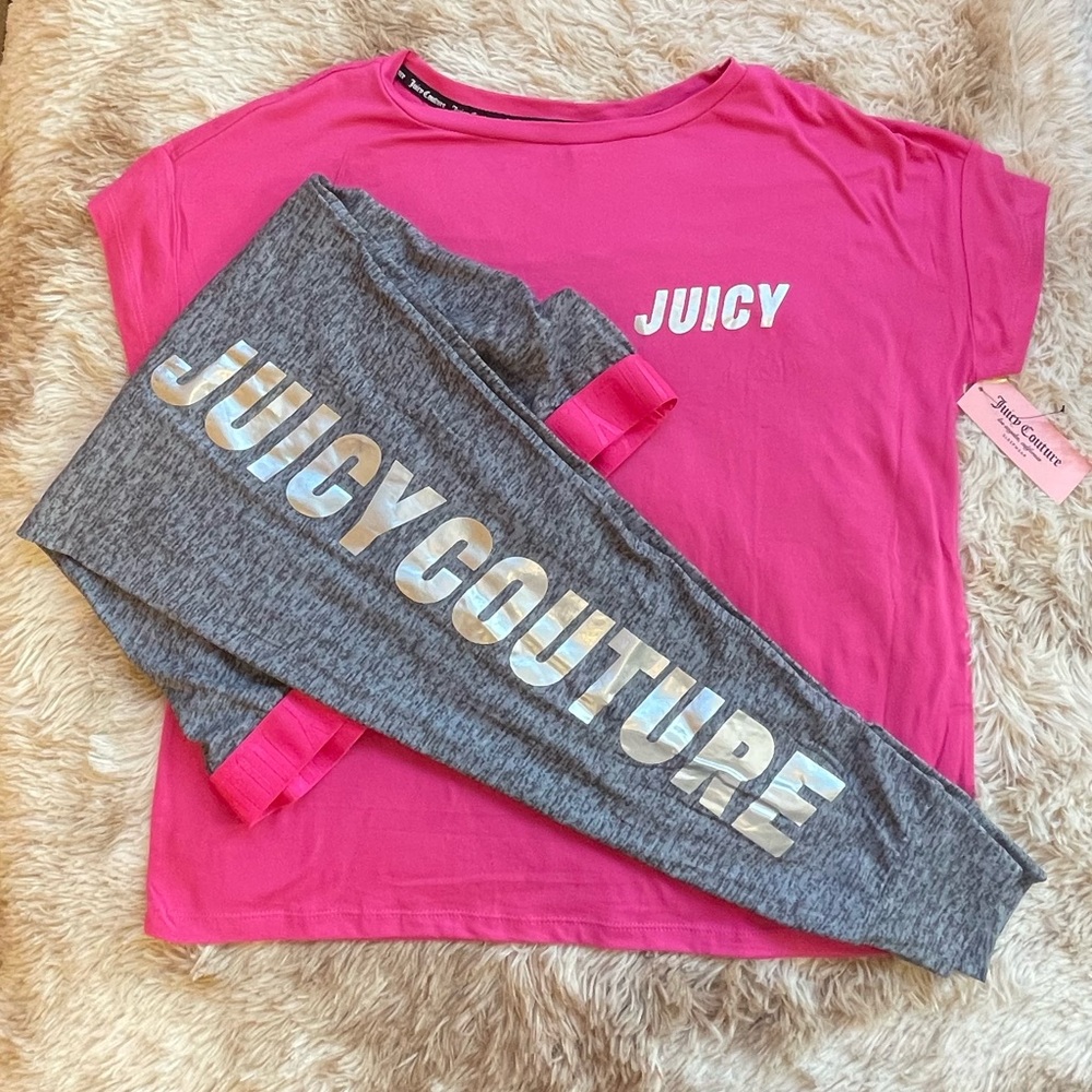 NWT Juicy Couture Sz M Pajama Set, Hot Pink, Grey, Silver Metallic Shirt Joggers